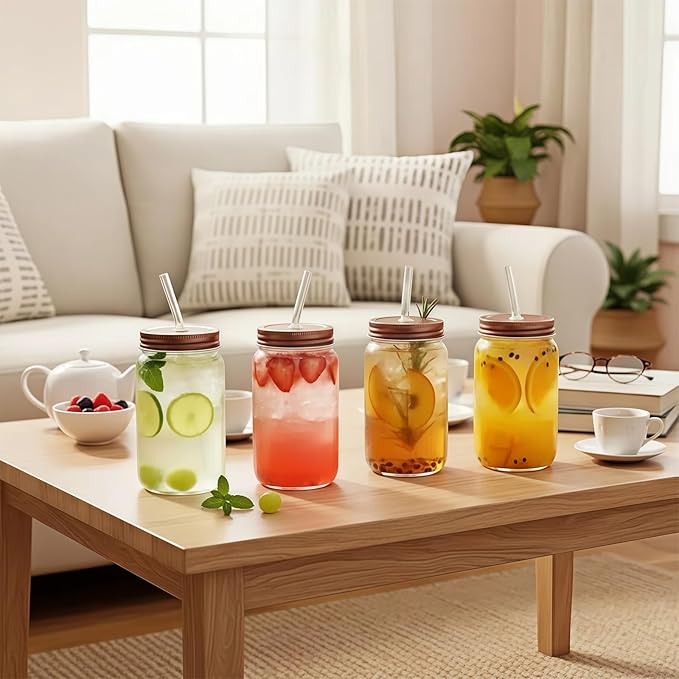 16oz Glass Cups with Lids and Straws - 4Pcs Drinking Glasses Set for Coffee Bar Accessories,Iced Coffee Cups with Lids,Matcha Cup Glass Tumbler Reusable for Gifts