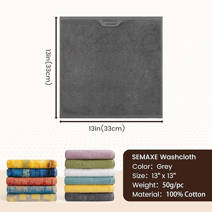 SEMAXE 100% Cotton Washcloths for Bathroom - 24 Pack, Quick-Dry Face Towels with Hanging Loop, Highly Absorbent and Soft, 13x13 Inch, Yellow & Grey