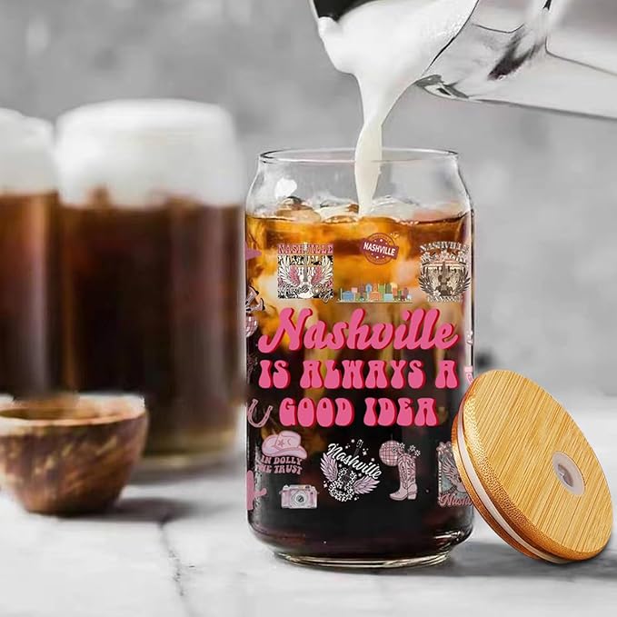 Nashville Gifts - Cute Pink Cups with Lids and Straws, 16 Oz Pink Tumbler for Women & Girls Birthday, Christmas, Bachelorette Party Favors