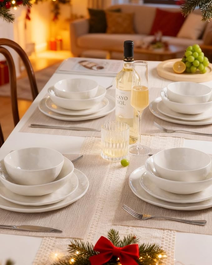 Famiware Porcelain kitchen plates and bowls set, Modern dishes set for 6, Handmade Wave Edge Dinnerware Sets, Microwave and Dishwasher Safe Tableware, Polar White (24pc)