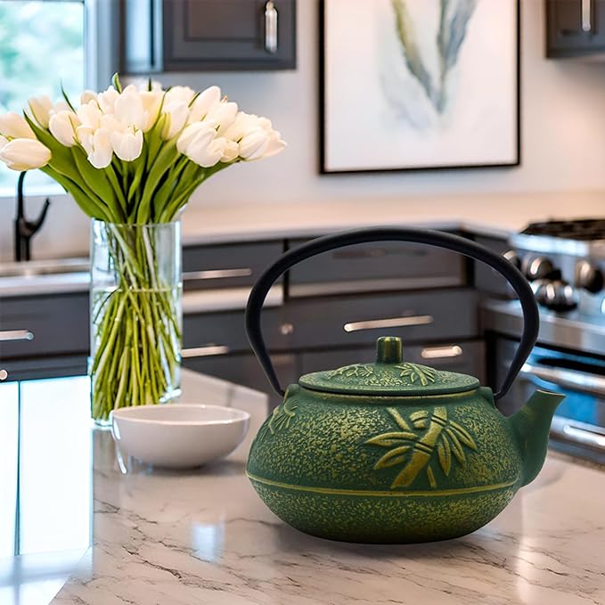 900ml Small Cast Iron Tea Kettle, SECHUDO Teapot Coated with Enameled Interior for Stovetop, Japanese Green Tea Pot with Stainless Steel Strainer for Loose Leaf, Pine,Bamboo and Plum Pattern(30.4oz)