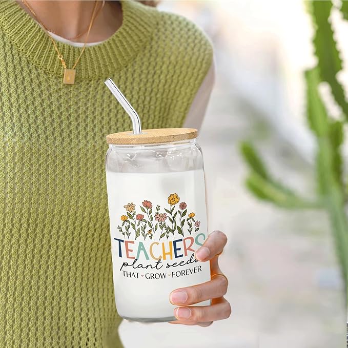 Floral Teacher Glass Cup with Lids and Straws 14oz, Thank You Teacher Gifts, Best Teachers Gifts for Women Glass Iced Coffee Tumbler Drinking Jars with Cleaning Brush