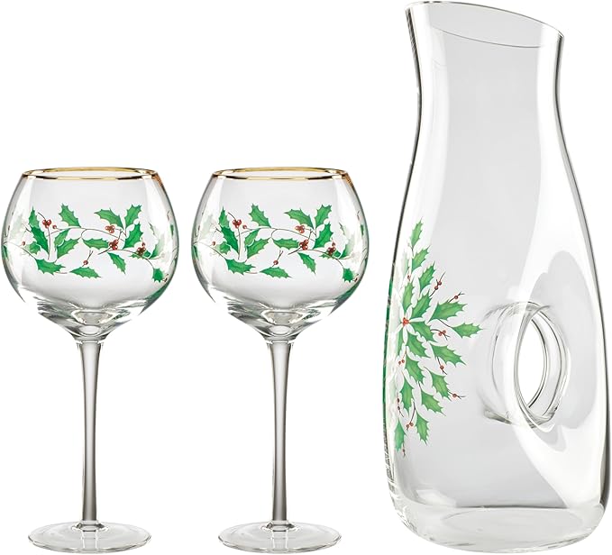 Lenox 895032 Holiday 3-Piece Decanter & Wine Glasses Set, Christmas Dinnerware, Hosting
