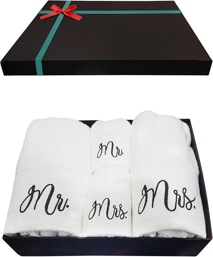 RUBBER BOND Mr and Mrs Towels Set with Gift Box - 4 Pack Bath and Hand Towels for Couples - Hotel, Spa & Bathroom Cotton Towels - Gift for Couples, Men, Women (Black Embroidery Christmas Packaging)