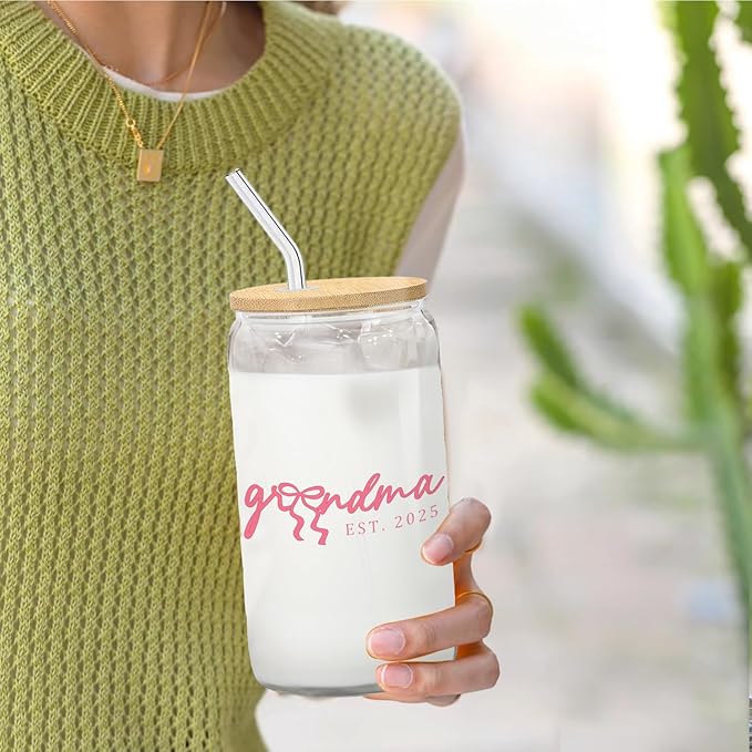 Grandma Glass Cup with Lids and Straws 14oz, Best Mother's Day Birthday Gifts for Grandma from Grandkids, Grandmother Gifts Glass Iced Coffee Tumbler Drinking Jars with Cleaning Brush