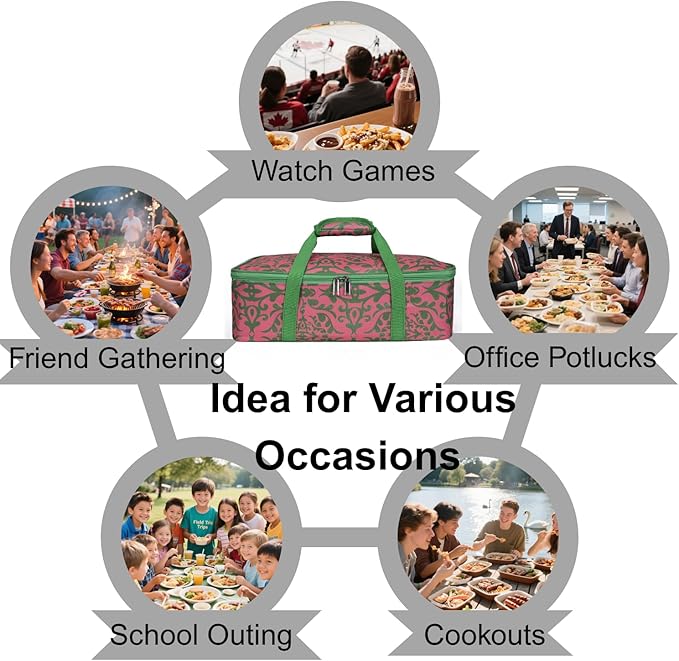 Lestyn Insulated Casserole Baking Dish Carrier Portable Lunch Tote Bag Fits Up to 9"x13" Pan for Transport to Keep Food Hot/Cold for Gathering/Potluck Parties/Cookouts/Picnics - Pink/Green