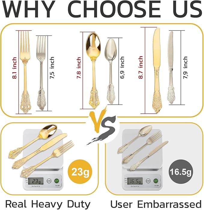 WDF 120PCS Gold Plastic Silverware - Heavy Duty Gold Plastic Cutlery Set Disposable Utensils - 40 Forks, 40 Spoons, 40 Knives, Perfect for Thanksgiving Party/Weeding and Daily Use