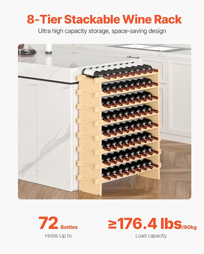 VEVOR 8-Tier 72 Bottles Stackable Modular Wine Rack, Freestanding Wines Holder Display Shelf, Solid Bamboo Wood Storage Racks, Wobble-Free Shelves for Kitchens, Dining Rooms, Cellars, Natural Color