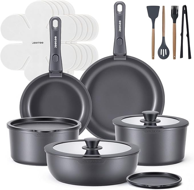JEETEE 20 Pcs Pots and Pans Set Non Stick, Titanium Nonstick Cookware Set with Detachable Handle, Induction Kitchen Cookware Sets with Removable Handle, Camping RV Cooking Set, Oven/Dishwasher Safe