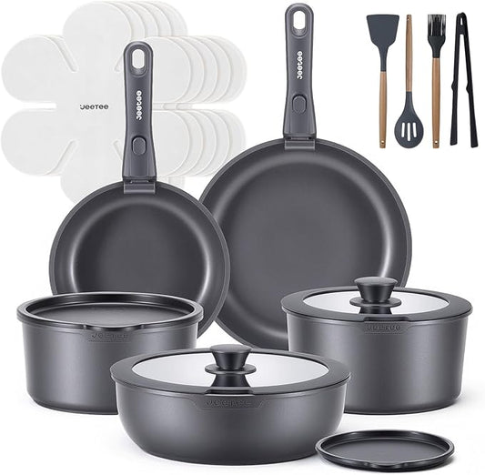 JEETEE 20 Pcs Pots and Pans Set Non Stick, Titanium Nonstick Cookware Set with Detachable Handle, Induction Kitchen Cookware Sets with Removable Handle, Camping RV Cooking Set, Oven/Dishwasher Safe