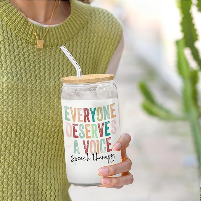 Speech Therapy Mental Health Gifts Glass Cup,Everyone Deserves A Voice Glass Cup With Lids And Straws 14oz, Slp Speech Pathologist Inspirational Counseling Gifts