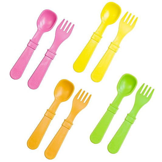 Re-Play Toddler Forks and Spoons Set - 4x4 Utensils Set for Kids - Dishwasher and Microwave Safe - Made in USA - Set of 8-5.8" x 1.2" x 0.2" - Citrus