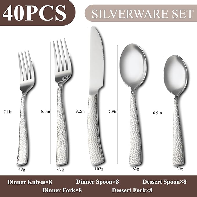 40 Piece Hammered Silverware Set, Stainless Steel Flatware Set for 8, Food Grade Cutlery Set for Home, Party, Wedding, Mirror Polished Dishwasher Safe