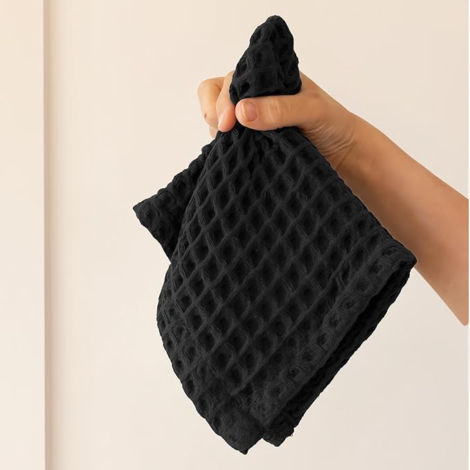 Waffle Washcloths Set of 8 Black - Premium Quality 100% Turkish Cotton Face Washcloth, Soft Makeup Towel, Shower Cloth, Kitchen Towel (Black, Set of 8 Washcloths)