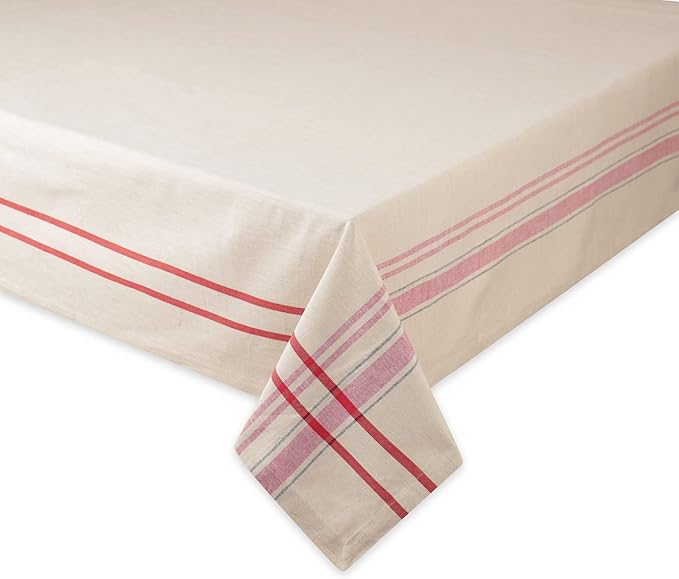 DII French Stripe Tabletop Collection Farmhouse Style Dining Table Linen Tablecloth, 60x120, Taupe/Red