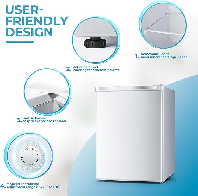 2.2 Cu.ft Upright Freezer, Small Mini Freezer with Adjustable Thermostat, Removable Shelves, Reversible Single Door, for Bedroom/Home/Dorms/Apartment (White)