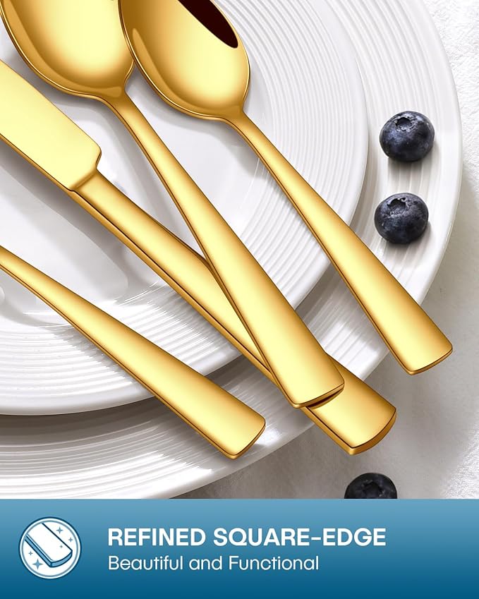 Stapava 60 Pcs Gold Silverware Set, Food-Grade Stainless Steel Flatware Sets for 12 Mirror Polished Cutlery Utensil Sets Include Dinner Knives Spoons and Forks Set Dishwasher Safe for Home Restaurant