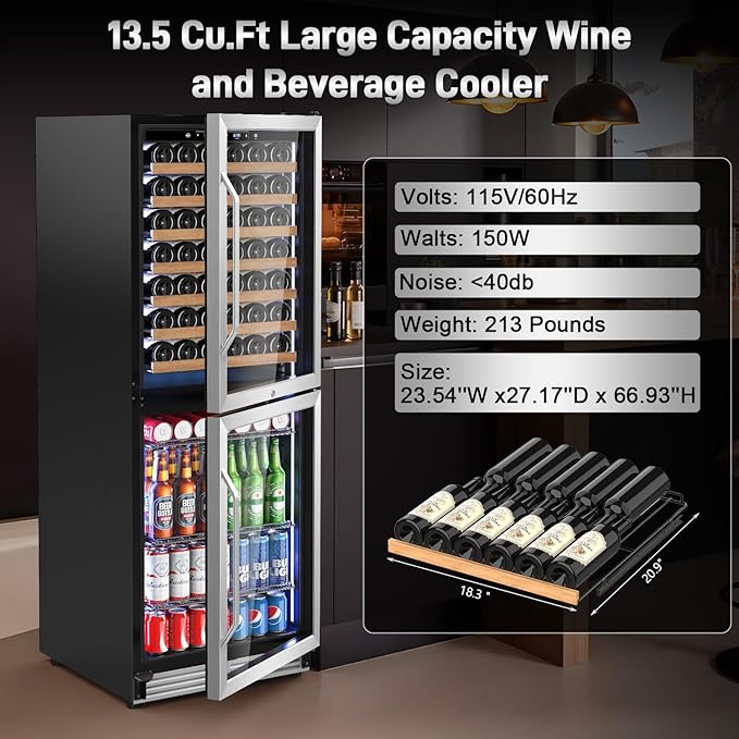 24 Inch Wide Wine and Beverage Refrigerator, 2 IN 1 Dual Zone Wine Cooler, Built-In/Freestanding Beverage Wine Fridge with Safety Lock, Low Noise and Fast Cooling Silver