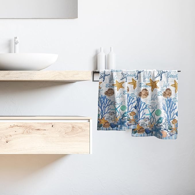 Imiss Coral Starfish Hand Towels for Bathroom，Nautical Coastal Seashell Guest Towels 14.4 x 28.3 Inch Set of 2 Soft Small Bath Towel Kitchen Dish Towels for Home Hotel Gym Spa