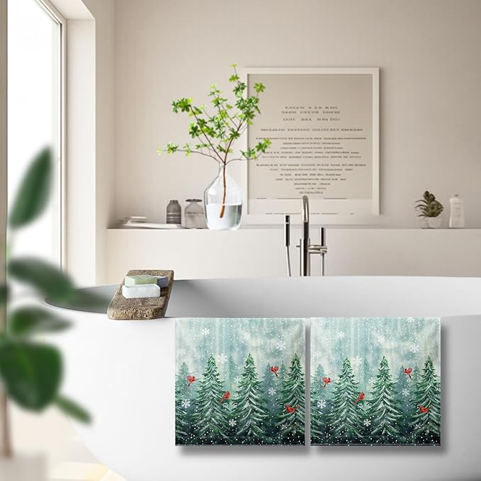 Winter Forest Hand Towels for Bathroom Pine Tree Cardinal Kitchen Towel Snowflakes Home Decor Dish Towels Farmhouse Soft Absorbent for Holiday Xmas Kitchen