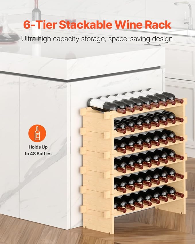 VEVOR 6-Tier 48 Bottles Stackable Modular Wine Rack, Freestanding Wines Holder Display Shelf, Solid Bamboo Wood Storage Racks, Wobble-Free Shelves for Kitchens, Dining Rooms, Cellars, Natural Color