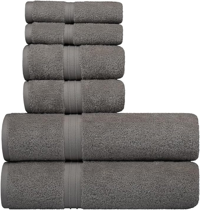 6 Piece Bath Towel Set - Thick & Soft - 100% Turkish Cotton, Fluffy and Absorbent, Includes 2 Bath Towels (28" x 56"), 2 Bathroom Hand Towels (16"x28") and 2 Wash Cloths (12"x12") - Gray