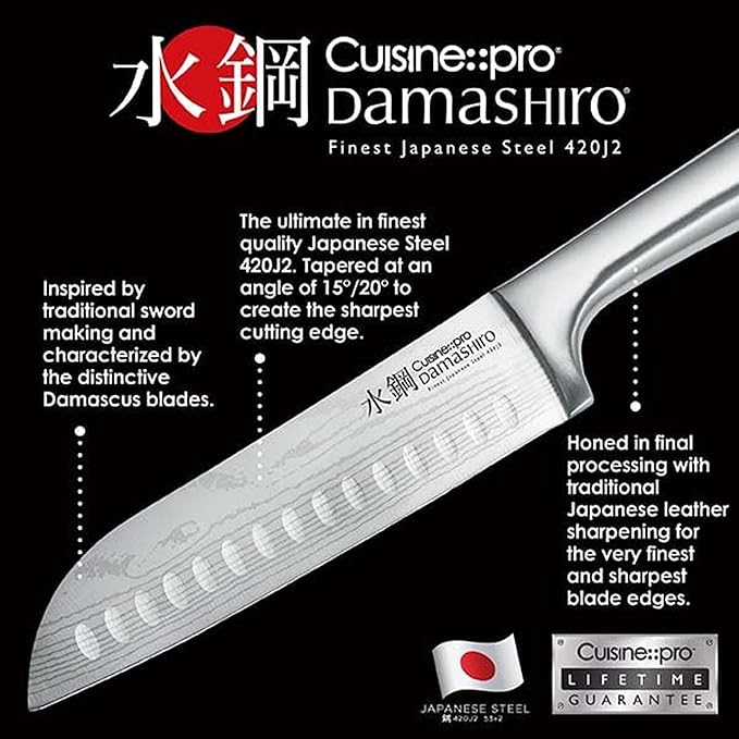 Cuisine::pro Damashiro Knife Block (Kumi, 7-Piece Chef Knife Set) - Japanese Steel Knife - Magnetic Knife Block- Damascus-Inspired Blade Kitchen Knives
