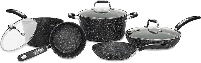 Starfrit The Rock 8PC Non-Stick Cookware set - Durable Forged Aluminum - Oven Safe - PFOA Free - Easy to Clean - Black
