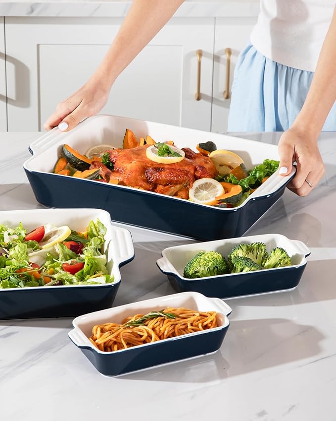 Sweejar Ceramic Bakeware Set of 4, Casserole Dishes for Oven, Rectangular Baking Dish with Handles, Lasagna Pans Deep for Cooking, Gratin, Roasting, Banquet and Daily Use (Navy)