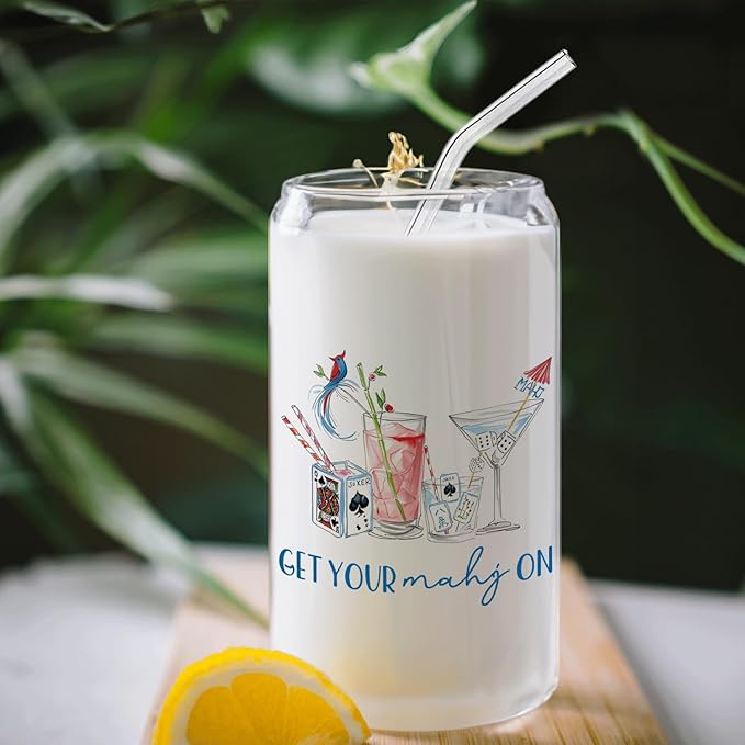 Trendy Mahjong Cocktail Glass Cup with Lids and Straws 14oz, Gifts for Mahjong Players Lovers, Mah Jong Accessories Glass Iced Coffee Tumbler Drinking Jars with Cleaning Brush