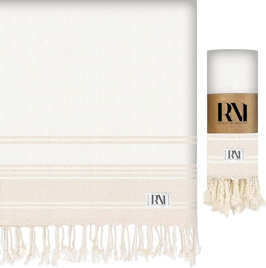 Refinery No. 1 Ottoman Diamond Weave Turkish Peshtemal Beach Bath Gym Yoga Towel 36” x 71”-Ecru