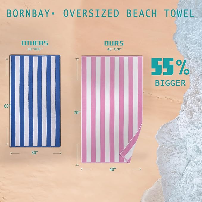 Large Beach Towel Oversized - 40"X70" Big Cute Beach Towels, Extra Large Thick Pink Stripe Towels, XL Wide Fluffy Swimming Towel Oversize, Giant Mauve Stripe Cotton Pool Towel for Adults