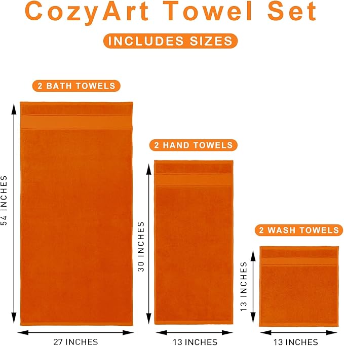 COZYART Orange Bath Towel Set 6 Piece, 2 Bath Towels 2 Hand Towels 2 Washcloths, Luxury 100% Turkish Cotton 650GSM Hotel Quality, Soft, Absorbent, Towel Sets for Bathroom