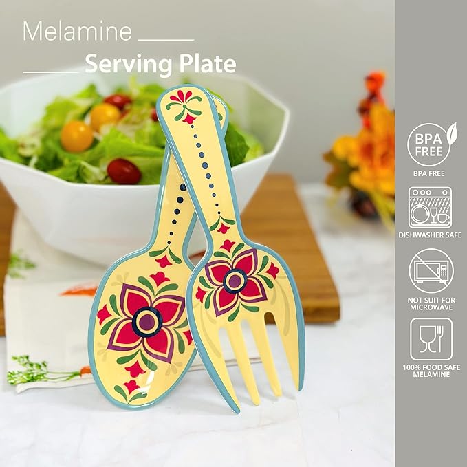 UPware Fiesta Floral Melamine Salad Servers, Serving Utensil Set, Includes Serving Fork and Spoon for Tossing Salad, Pasta, Multicolor, 10.75 Inch, Set of 2