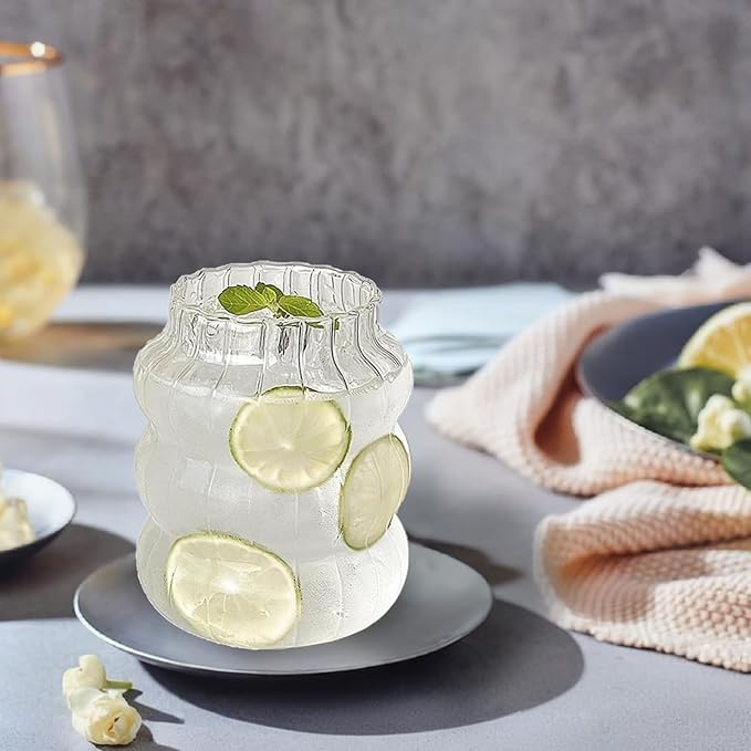 Ribbed Glass Cup 22 Oz Vintage Drinking Glassware Creative Ripple Glasses for Iced Coffee Juice Beverage Milk Cocktail Cute Wavy Glass Cups