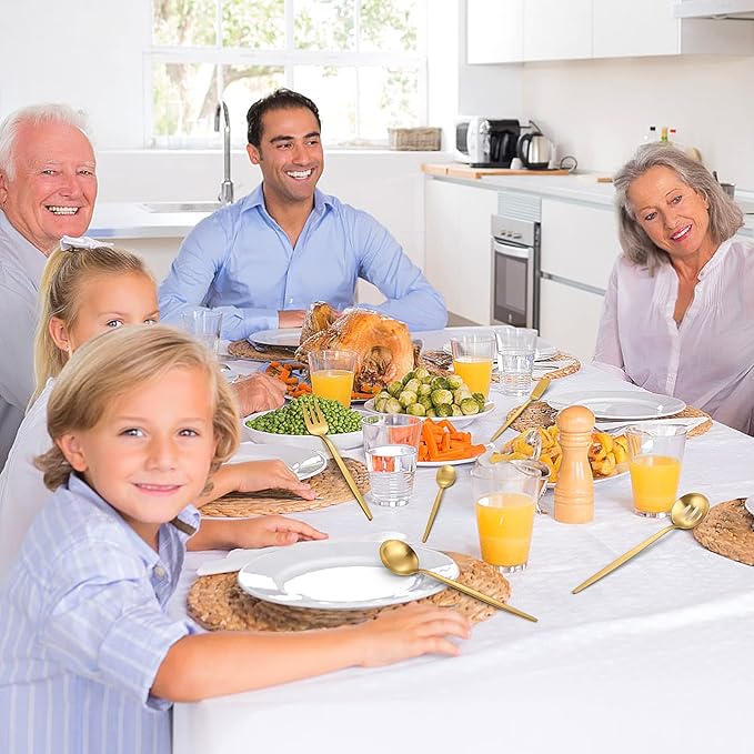 Matte Gold Serving Silverware Set, 5-Piece Round Shared Utensils Set of Stainless Steel, Hostess Flatware Serving Set, Satin Finish, Dishwasher Safe