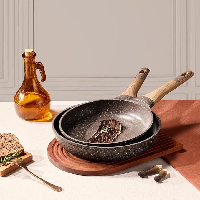 CAROTE Non Stick Frying Pan Skillet Set, Omelet Pan, Healthy Non Toxic Granite Chef Pan, Induction Compatible Egg Frying Pan with Heat-Resistant Handle, PFOA-Free,Brown,9.5"+11"