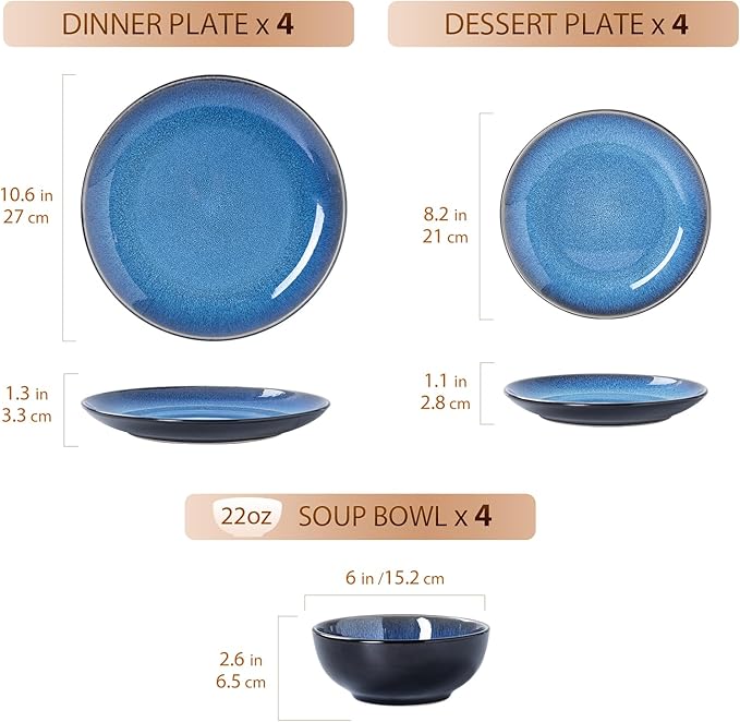 Plates and Bowls Sets for 4 - CJDC-QUELO 12-Piece Stoneware Dinnerware Sets, Ceramic Dishware Set for Kitchen Use and Formal Dining, Chip and Scratch Resistant Microwave Dishwasher Safe, Blue