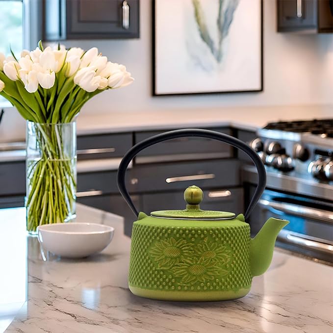 Cast Iron Teapot with Sunflower Pattern,SECHUDO Tea Kettle Coated with Enameled Interior for Loose Tea,Green Cast Iron Teapot with Stainless Steel Infuser for Stovetop Safe (28.7oz/850ml)