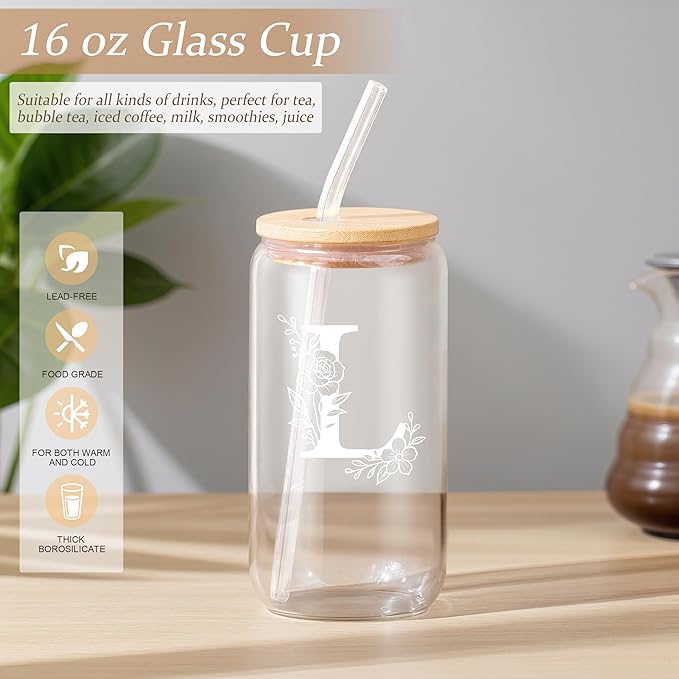 Personalized Gifts for Women, Monogrammed Gifts for Women, Initial 16 oz Glass Cups With Lids and Straws, Customized Mug, Personalized Birthday Gifts Christmas Gifts for Her Mom Friend Woman, L
