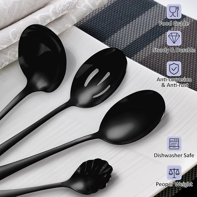 12 Pieces Black Serving Utensils, Stainless Steel Fine Vintage Serving Utensils with Serving Spoons Kitchen Mixing for Cake Server,Soup Ladle,Butter,Stirring,Tongs Ect Decorate Wedding