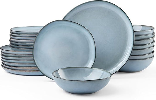 HaWare Dinnerware Sets, 24-Piece Stoneware Plates and Bowls Set, Dish Set for 8, Ceramic Dishware for Home Restaurant, Chip and Scratch Resistant, Microwave and Dishwasher Safe, Reactive Foggy Blue