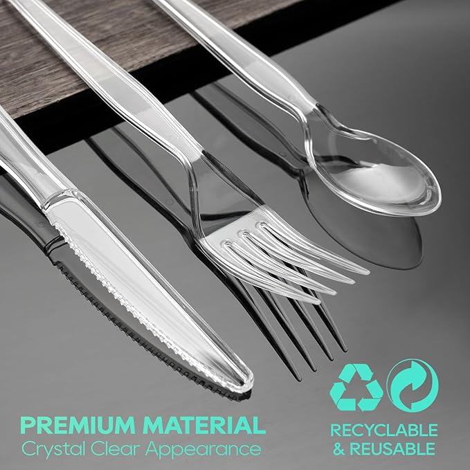 FOCUSLINE 360 Count Clear Plastic Silverware, 120 Forks, Knives and Spoons Each, BPA-Free, Heavy Duty Disposable Cutlery Set, Premium Disposable Flatware Plastic Utensils for Party Everyday Use