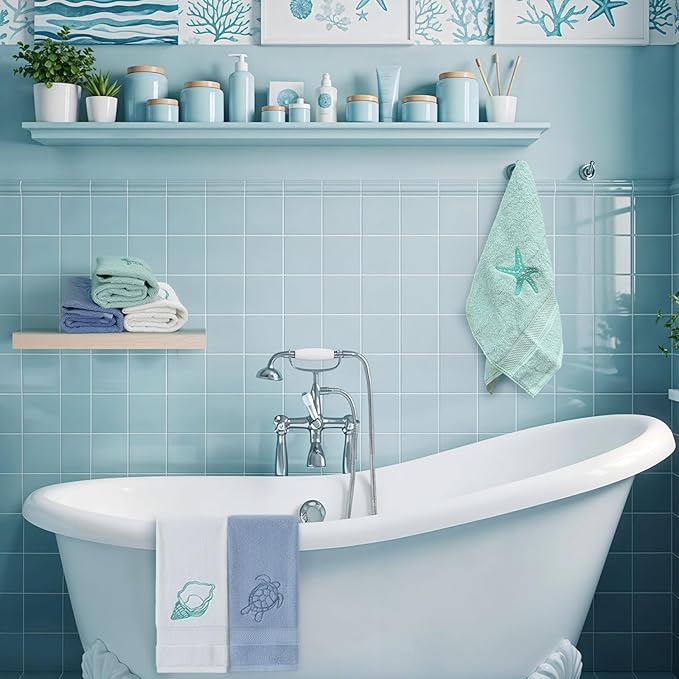 3 Pack Beach Hand Towels for Bathroom, 100% Cotton Soft Coastal Bathroom Towels Ocean Beach Kitchen Decor 13.5 x 29.5 Inch for Kitchen Summer Decoration