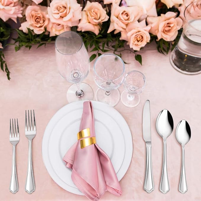 40-Piece Silverware Set, E-far Stainless Steel Flatware Cutlery Set Service for 8, Metal Tableware Eating Utensil Set, Dinner Knives/Forks/Spoons, Scalloped Edge & Mirror Polished - Dishwasher Safe