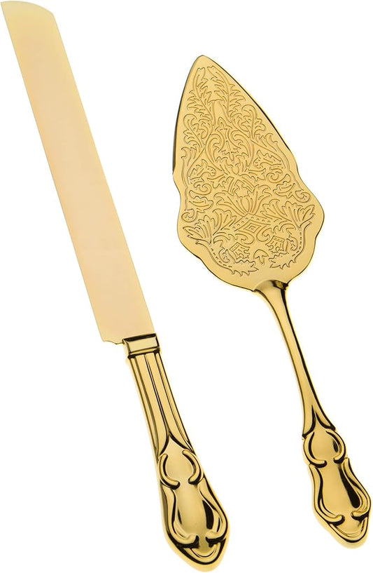 Ella Celebration Gold Wedding Cake Knife & Server Set, Vintage Cake Cutting Utensils, Party Supplies Golden Anniversary Decorations (Elegant Gold)
