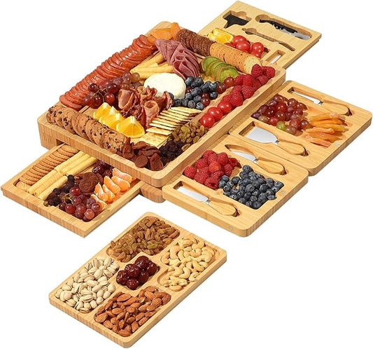 Large Charcuterie Boards Gift Set - Cheese Board and Knife Set with Extra Cheese Platter, Bamboo Charcuterie Board Cheeseboard Cheese Plate for House Warming Gifts New Home, Wedding Gifts