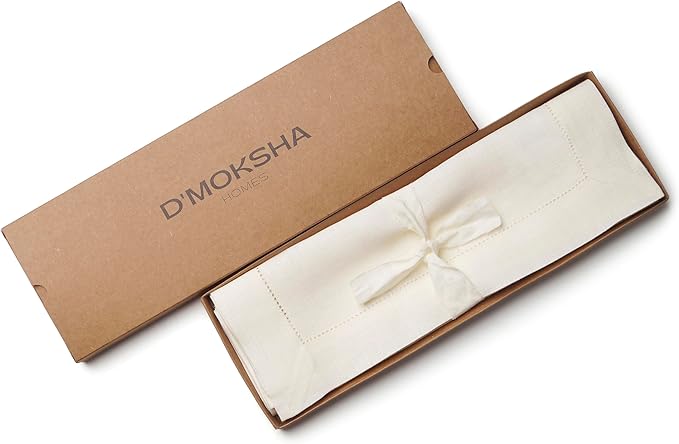 D'Moksha Homes Linen Placemats Set of 4 - Classic Hemstitch Ivory Placemats 14 x 19 Inch - 100% Pure Linen Table Mats for Winter, Holiday, New Year - Handcrafted and Machine Washable