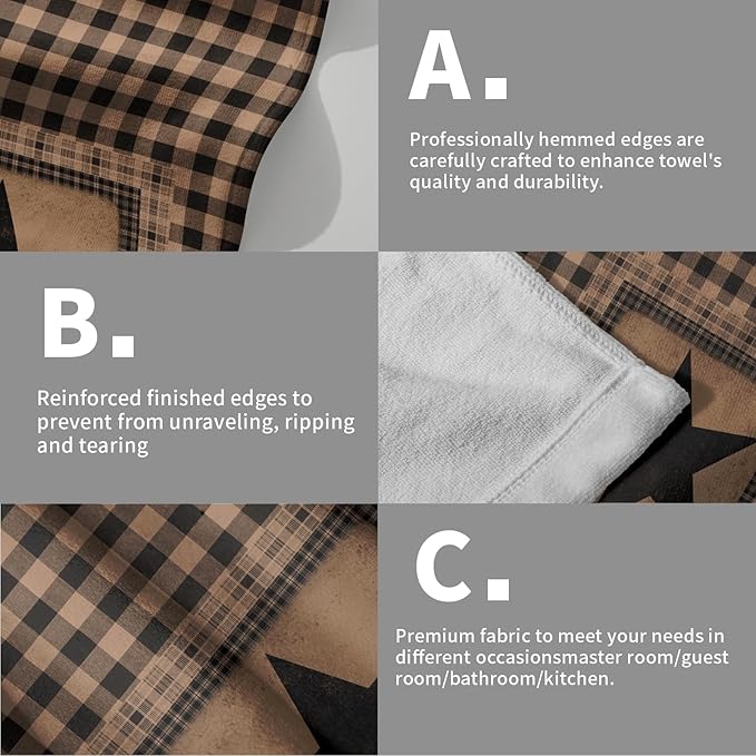 Vintage Western Texas Star Hand Towels for Bathroom Set of 2, Primitive Black Brown Decorative Buffalo Plaid Farmhouse Small Bath Towel Kitchen Dish Guest Towel for Home Spa Hotel 14.4 x 28.3 Inch