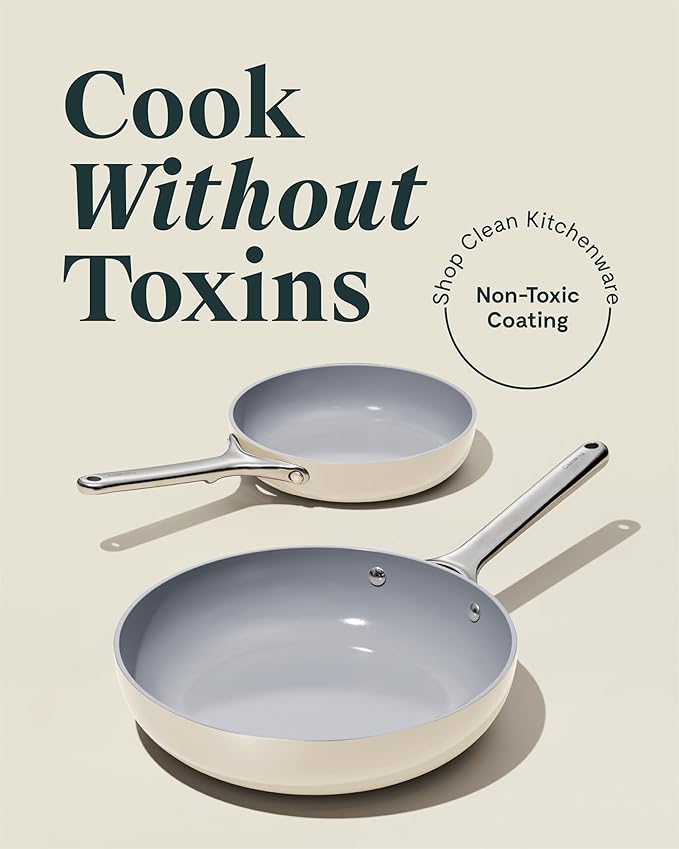 Caraway Fry Pan Duo - Nonstick Ceramic Frying Pan (8" & 10.5”) - Non Toxic, PTFE & PFOA Free - Oven Safe & Compatible with All Stovetops (Gas, Electric & Induction) - White